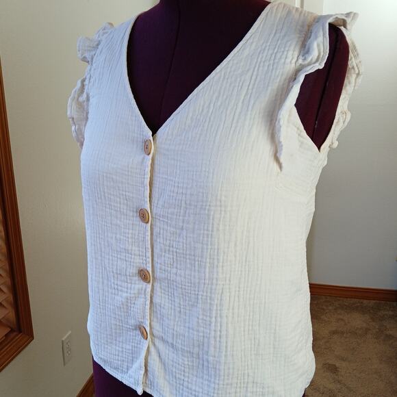 LC Super Soft Tank Top Vest M cream organic cotton button-up ruffles fully lined - Picture 1 of 12